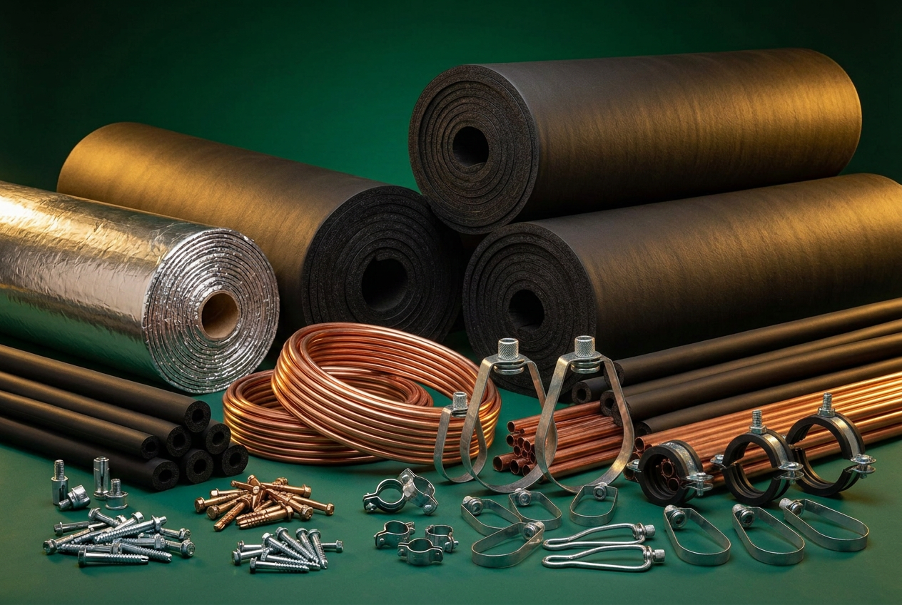 Soft annealed copper coils, hard drawn copper pipes, XLPE insulation, loop hangers, and hanging hardware